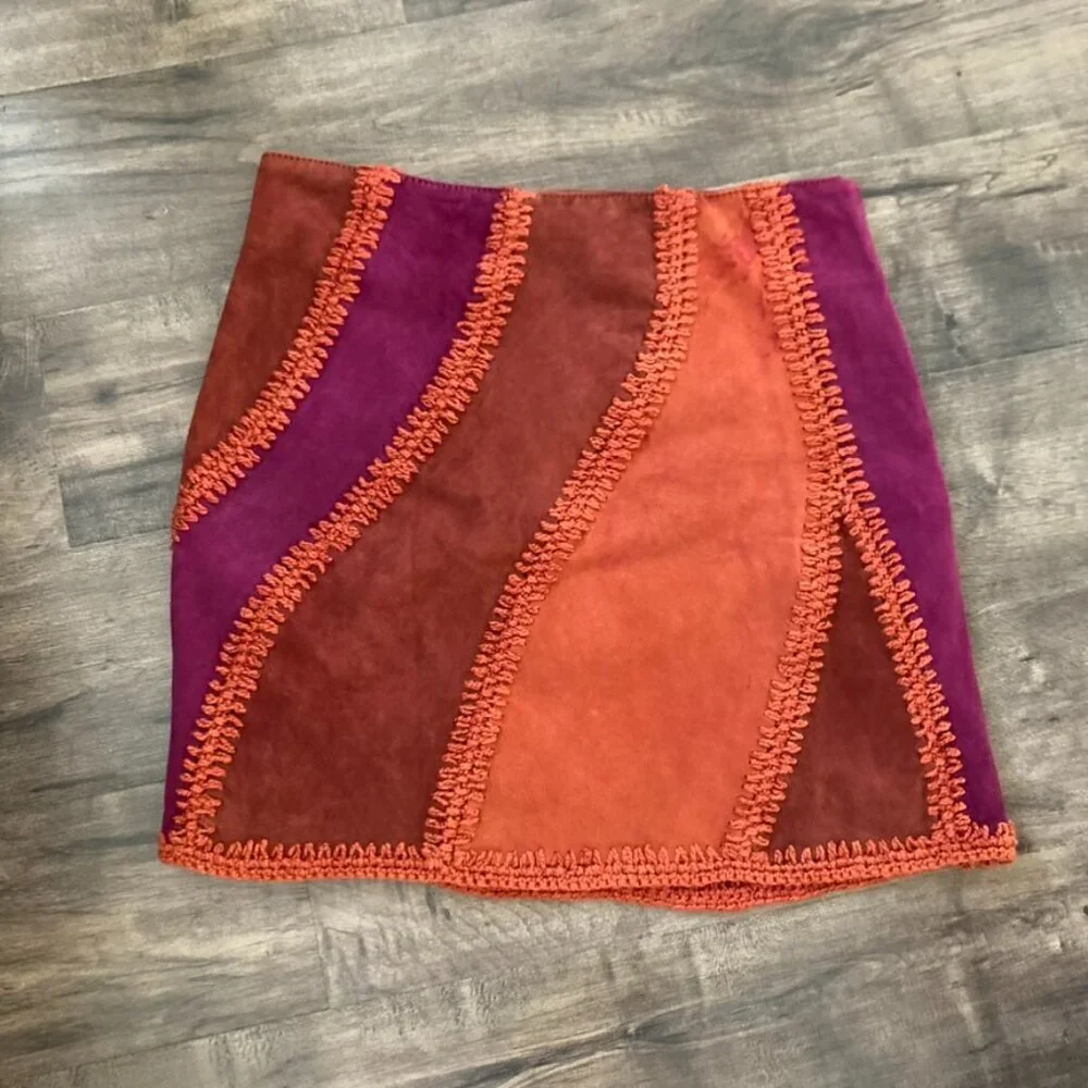 NWOT Free People Hanson Patched Suede Mini Skirt Boho Orange Sz 0 - Picture 2 of 8